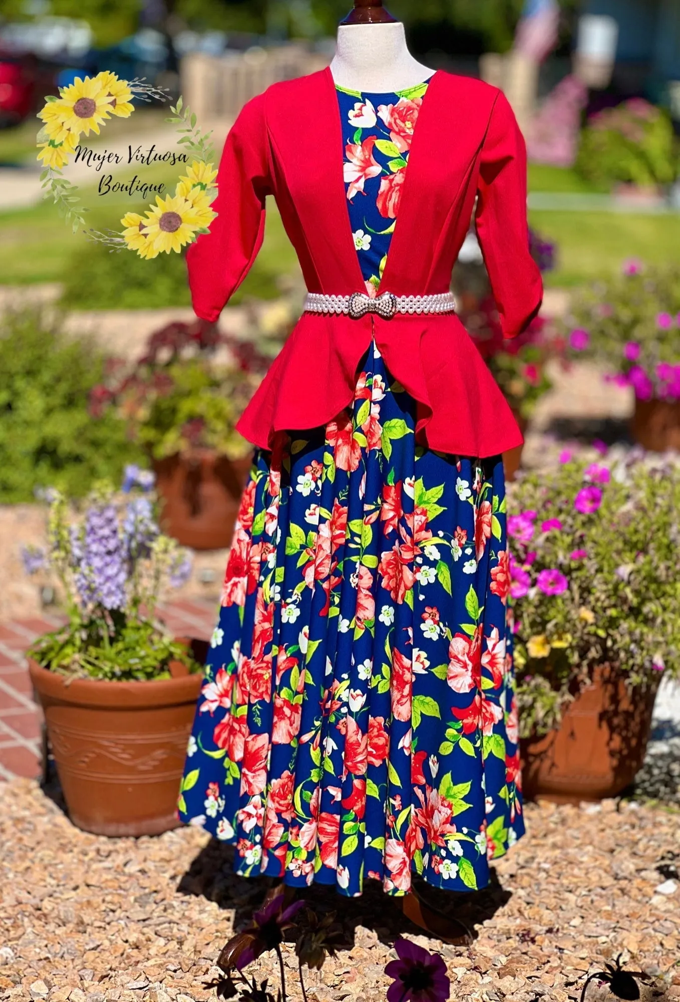 Helena Red & Blue Floral Blazer Dress